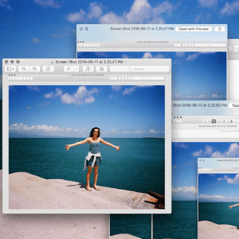 Collage of Apple Preview screenshots of Sarah Riazati wearing sunglasses a green plaid dress on the beach in Puerto Rico, with arms outstretched against a blue sky and turquoise water